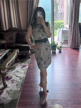 Elie Tahari Black and Cream Floral Midi Dress